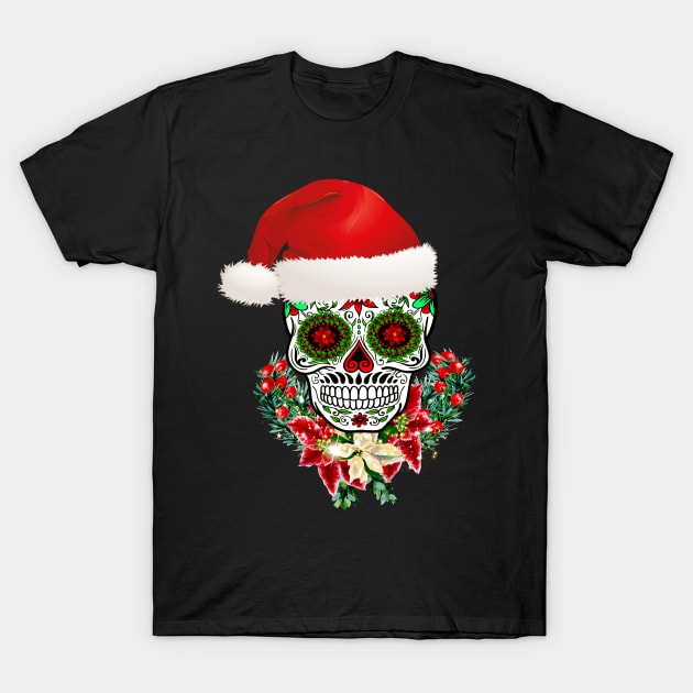 Christmas Day Of The Dead Sugar Skull Santa Hat T-Shirt by Atteestude